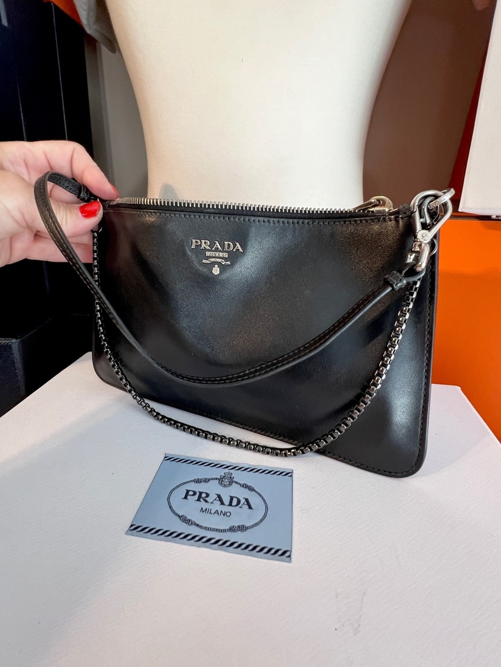 Prada Black & Silver Leather wristlet/pouch beige suede inside. 🌟Offers welcome! - Picture 6 of 14